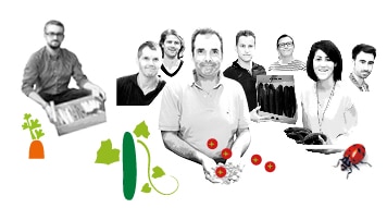 Portraits des producteurs Kultive du Val de Seine, avec des dessins de leur production de concombre et tomate cerise.