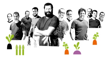 Portrait des producteurs Kultive de Provence, avec des dessins de leur production de radis noir, asperge, carotte, et navet.