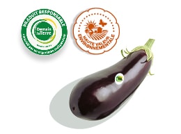 Une aubergine accompagnée des logos des labels Haute Valeur Environnementale et Demain La Terre