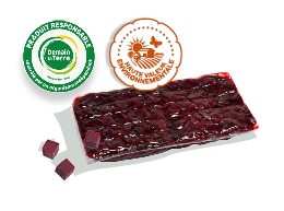 Sachet de betterave rouge découpée cuite sous-vide, accompagné des logos des labels Demain la Terre et HVE