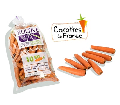 Sachet de carottes de 10 kg, accompagné du logo du label Carottes de France