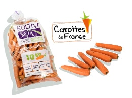 Sachet de carottes de 10 kg, accompagné du logo du label Carottes de France