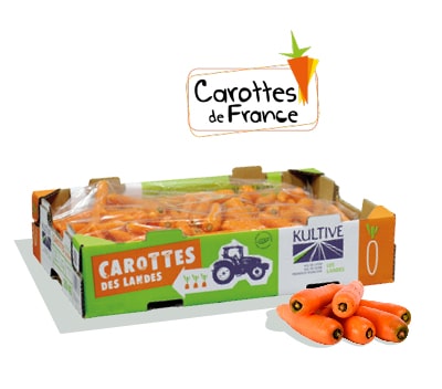 Cagette en carton contenant 12kg de carottes, calibre 30-40, accompagné du logo du label Carottes de France
