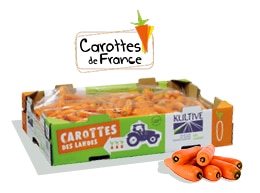 Cagette en carton contenant 12kg de carottes, calibre 30-40, accompagné du logo du label Carottes de France