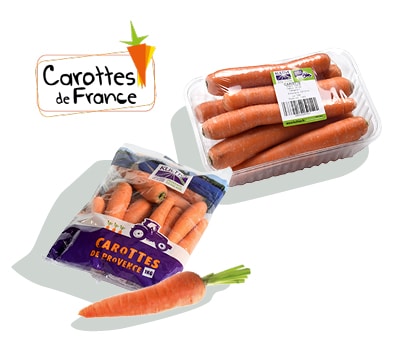Sachet et barquette de carottes d’1 kg, calibre 20-40, accompagné du logo du label Carottes de France