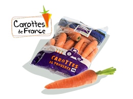 Sachet de carottes d’1 kg, calibre 20-40, accompagné du logo du label Carottes de France