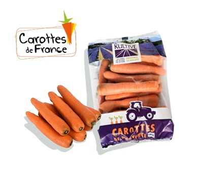 Sachet de carottes d’1,5 kg, calibre 20-40, accompagné du logo du label Carottes de France