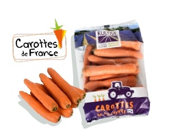 Sachet de carottes d’1,5 kg, calibre 20-40, accompagné du logo du label Carottes de France