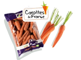 Sachet de carottes de 3 kg, calibre 20-40, accompagné du logo du label Carottes de France