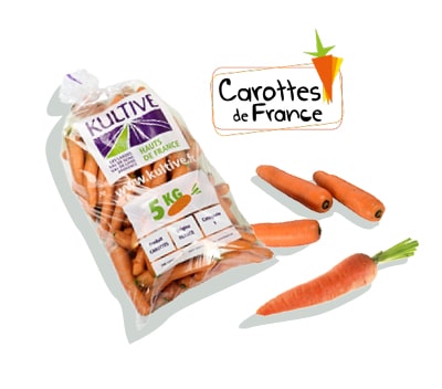 Sachet de carottes de 5 kg, accompagné du logo du label Carottes de France