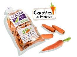 Sachet de carottes de 5 kg, accompagné du logo du label Carottes de France