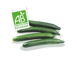 Concombres bio, accompagnés du logo du label Agriculture Biologique.