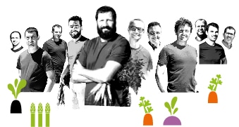 Portrait des producteurs Kultive de Provence, avec des dessins de leur production de radis noir, asperge, carotte, et navet.