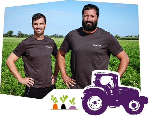 Portrait de deux producteurs de légumes de plein champ de Provence, accompagné d’un dessin de tracteur et des pictos carotte, radis noir et navet.