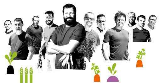 Portrait des producteurs Kultive de Provence, avec des dessins de leur production de radis noir, asperge, carotte, et navet.