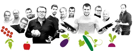 Portraits des producteurs Kultive du Val de Loire, avec des dessins de leur production de concombre, tomate cerise, betterave, poivron et aubergine.