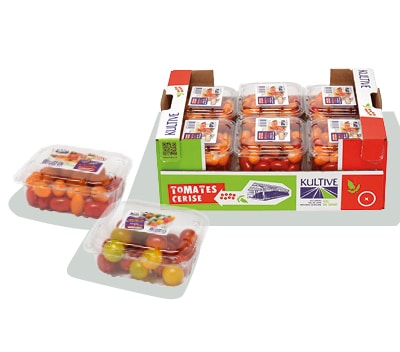 Cagette en carton, contenant les barquettes de tomates-cerises duo rondes et allongée.