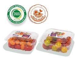 Barquettes de tomates-cerises duo rondes et allongée, accompagnés des logos des labels HVE et Demain La Terre.