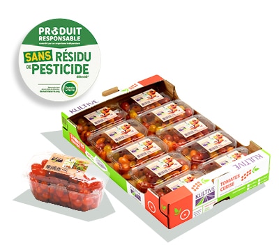 Cagette en carton, contenant les barquettes de tomates-cerises Zéro Résidu de Pesticides, accompagné du logo du label.
