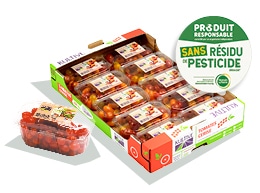 Cagette en carton, contenant les barquettes de tomates-cerises Zéro Résidu de Pesticides, accompagné du logo du label.