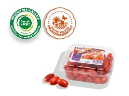 Barquette de tomates-cerises rouges et allongées, accompagnée des logos des labels Haute Valeur Environnementale et Demain La Terre.