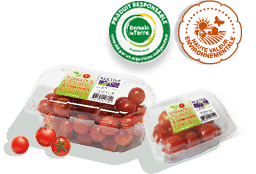 Barquettes de tomates-cerises rouges et rondes, accompagnées des logos des labels HVE et Demain La Terre.